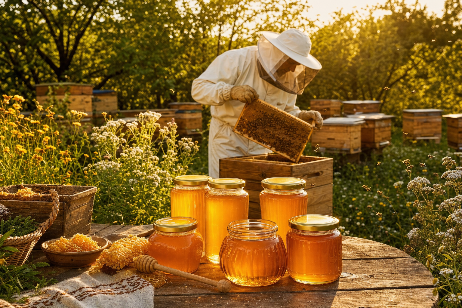Apicultor Mel d’Or la stupină, în lumină de golden hour